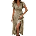 thumbnail image 4 of Women's Bohemian Floral Printed Wrap V Neck Short Sleeve Split Beach Party Maxi Dress With Belt 2025, 4 of 5