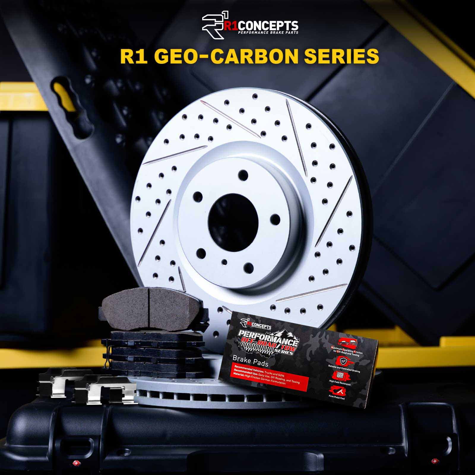 R1 Concepts Drilled and Slotted Carbon Coated Disc Brake Rotor Set with Off-Road/Tow Brake Pads and Hardware WBVH1-40010
