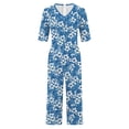 thumbnail image 5 of Maqroz Jumpsuits for Women Casual Wide Leg Summer Boho Floral Printed Baggy Wide Leg Overalls Short Sleeve V Neck Back Zipper Rompers with Side Pockets Fashion One Piece Outfits Blue L, 5 of 5