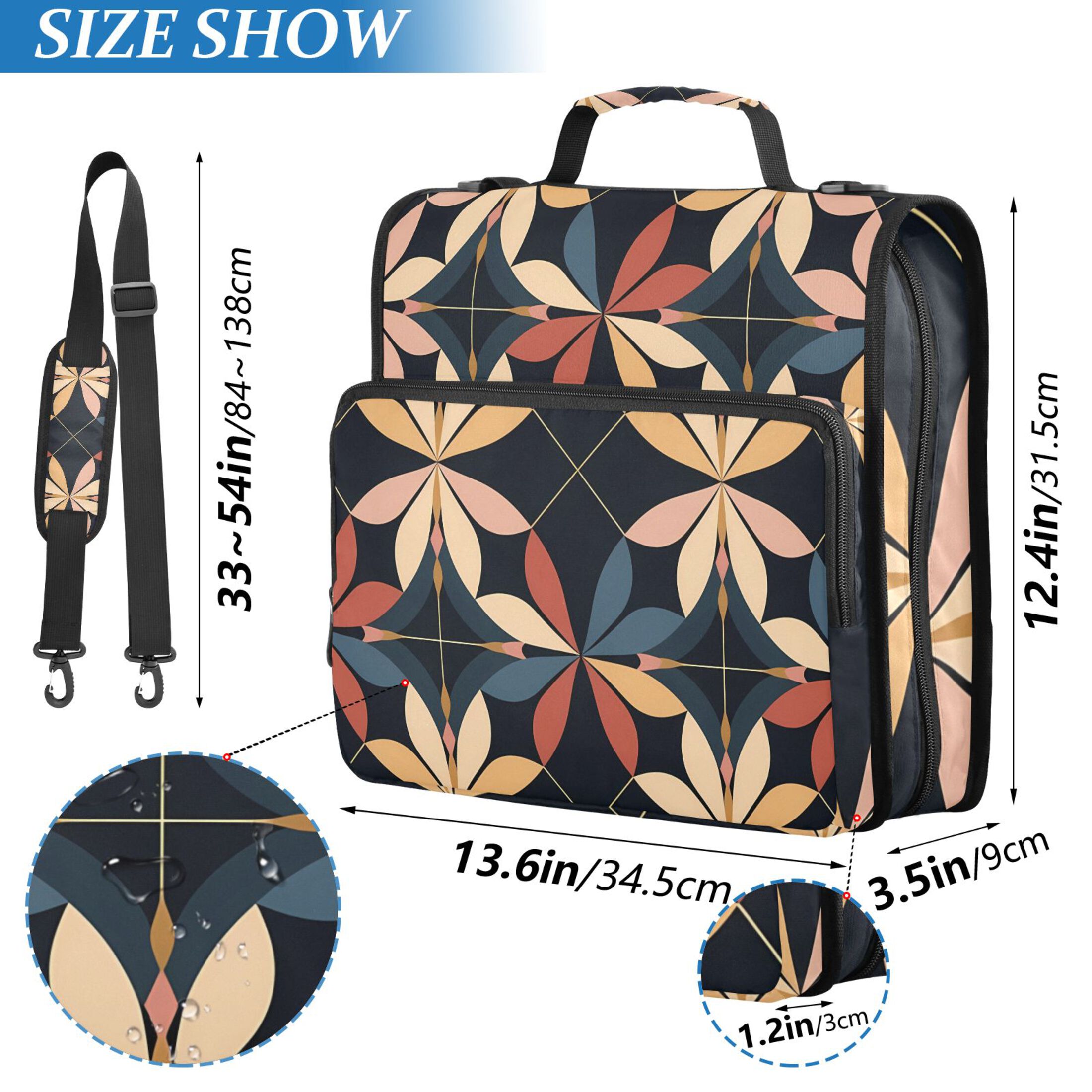 3 Ring Zipper Binder with Shoulder Strap Waterproof Trapper Keeper 1.5 Inch D-Ring 500 Sheets Capacity Elegant Geometric Shapes