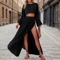 thumbnail image 2 of DHFJKG Summer 2 Piece Outfits Women Skirt Sets Beach Vacation Clothes Linen Long Sleeve Crop Top And High Waist Side Slit Flowy Maxi Skirts Trendy Outfit, 2 of 4