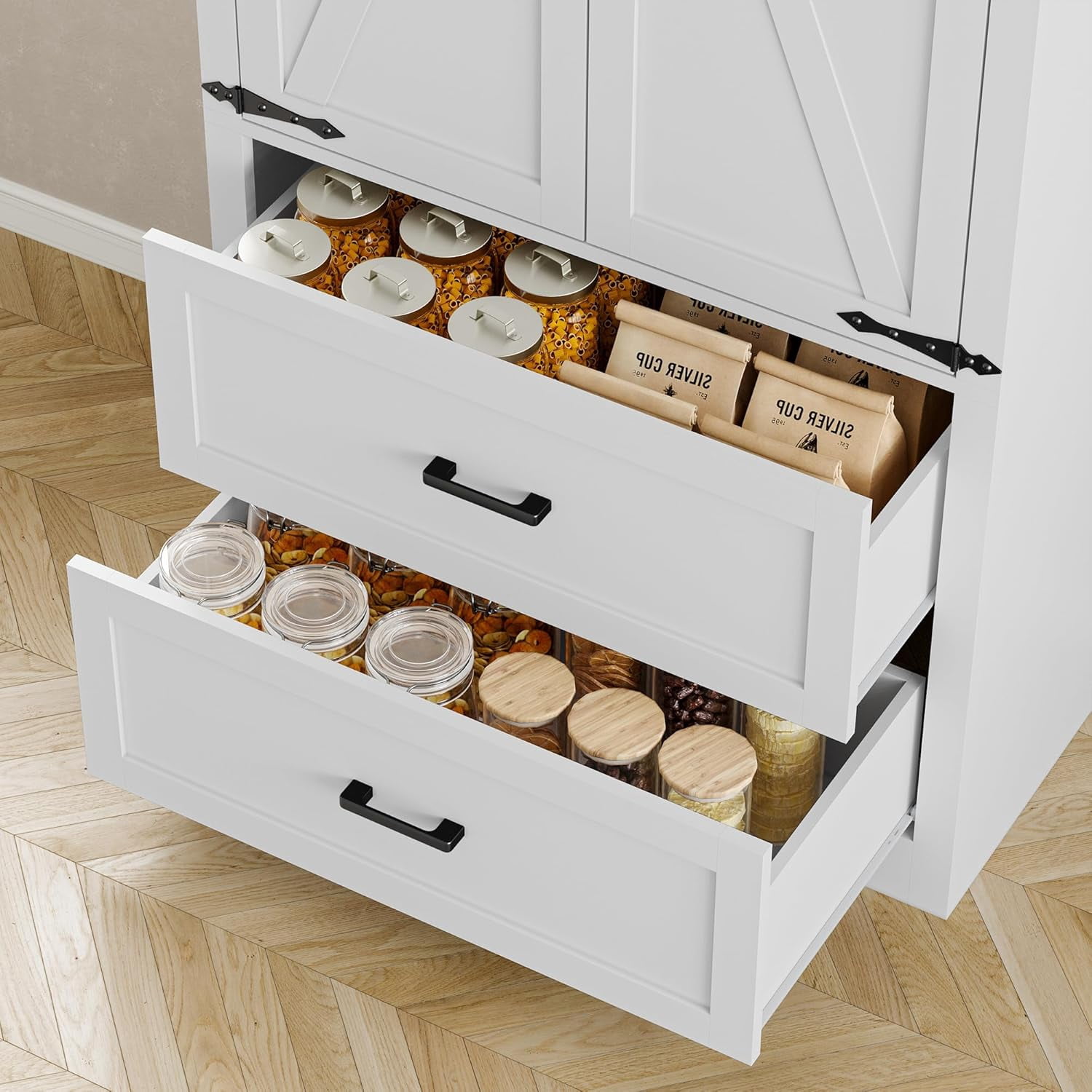 FANRAL 71” Tall Pantry Organizers and Storage Cabinet with Barn Doors & Drawers,Adjustable Shelf for Kitchen Dining Room Living Room Bathroom Office,White Pantry Cabinet