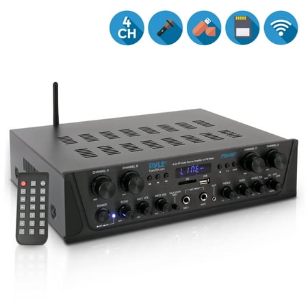 PYLE PTA44BT - Bluetooth Home Audio Amplifier, 4-Ch. Audio Source Stereo Receiver System with FM Radio, MP3/USB/SD/AUX Playback (500