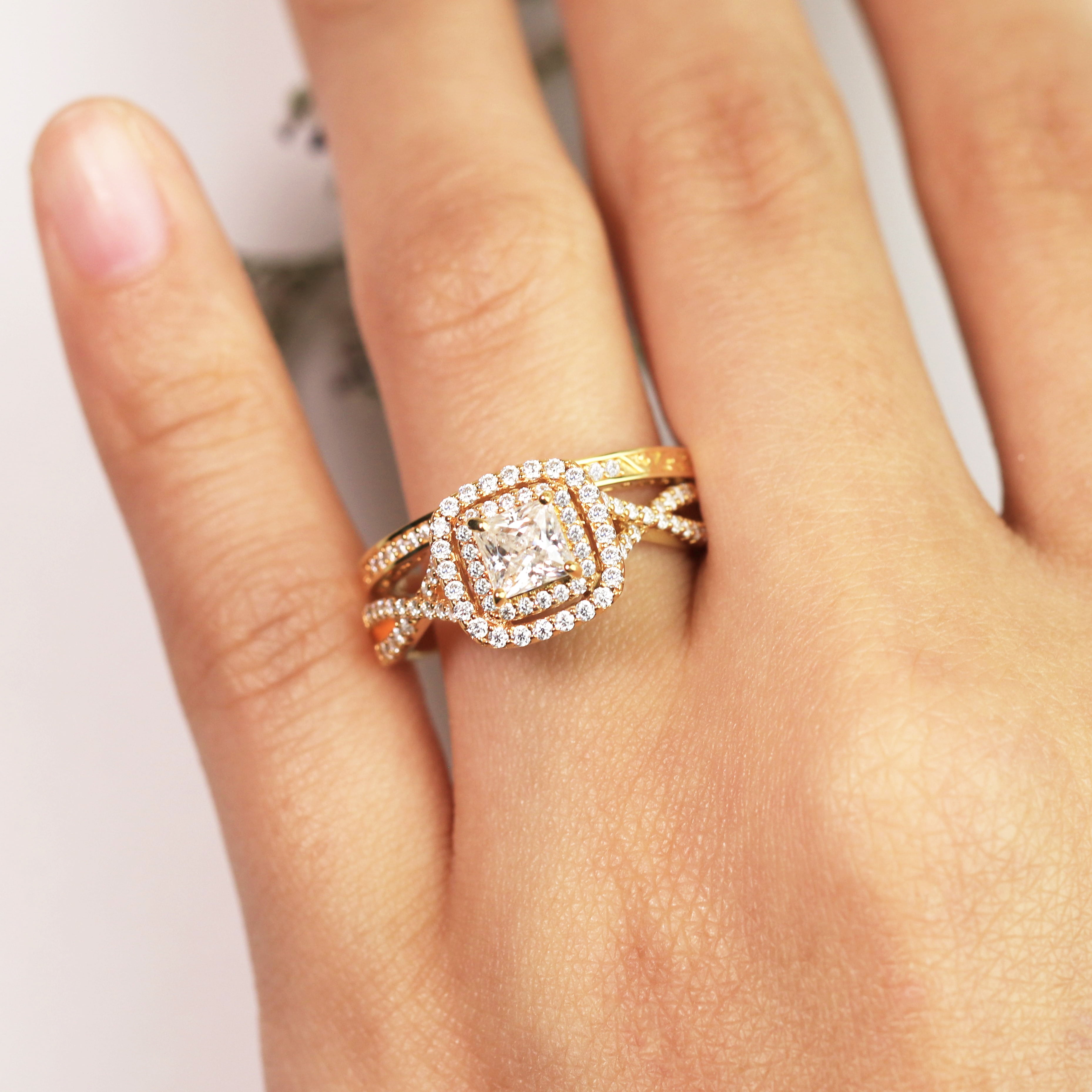 1.25 ct - Square Moissanite - Double Halo - Twisted Band - Vintage Inspired  - Pave - Wedding Ring Set in 18K Rose Gold over Silver