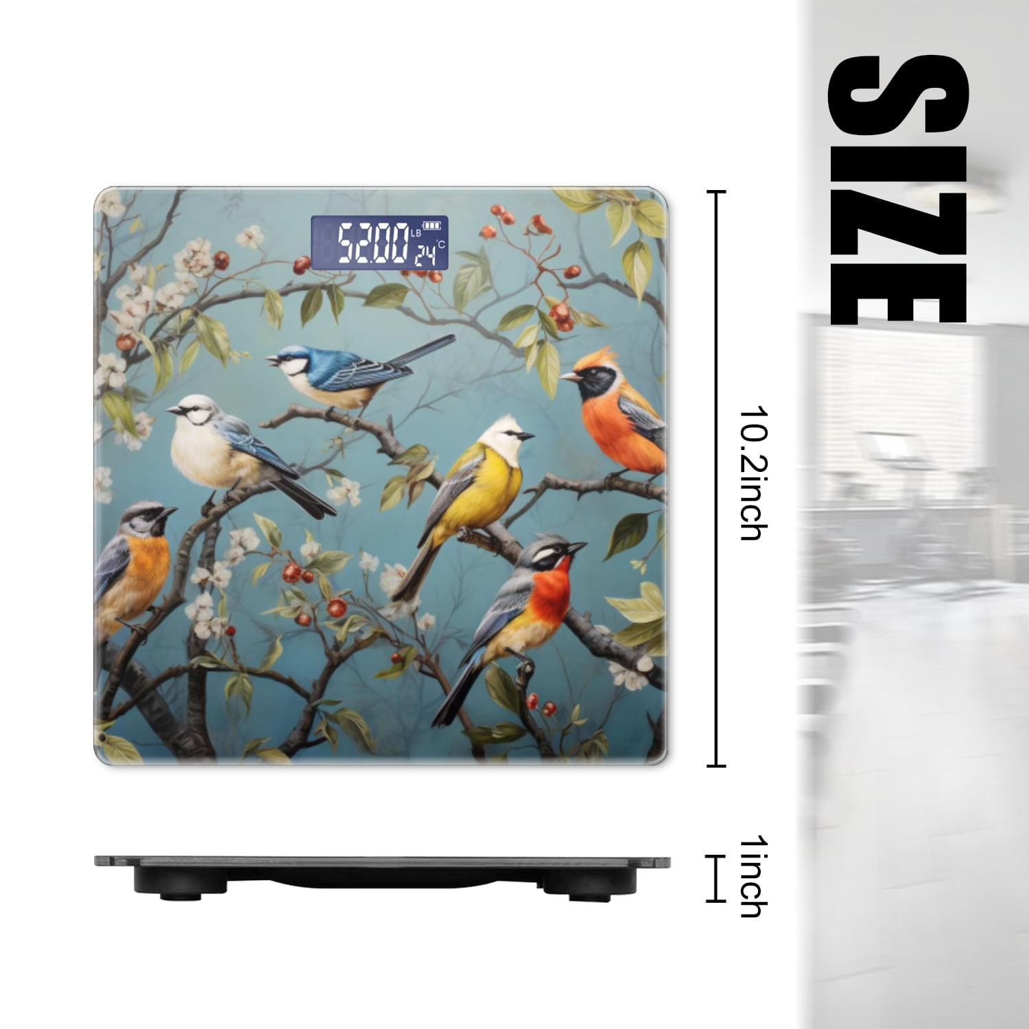 Bathroom Scale, Highly Accurate Digital Body Scale,Precisely Measures Weight up to 400 lbs-Several Birds Perched On Branches With Blossoms And Berries