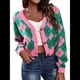 thumbnail image 1 of Suéteres de Punto para Mujer, de Larga, con Rombos, Abertura Frontal, Botones y Cuello en V, Abrigos Cortos Rosa Verde S, 1 of 10