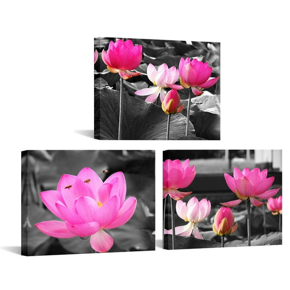Furnster Lotus Flower Canvas Wall Art Set Pink and Black Floral Water Lily Paintings for Bathroom Decor Zen Wall Decor Framed 12" x 16" 3 Pcs
