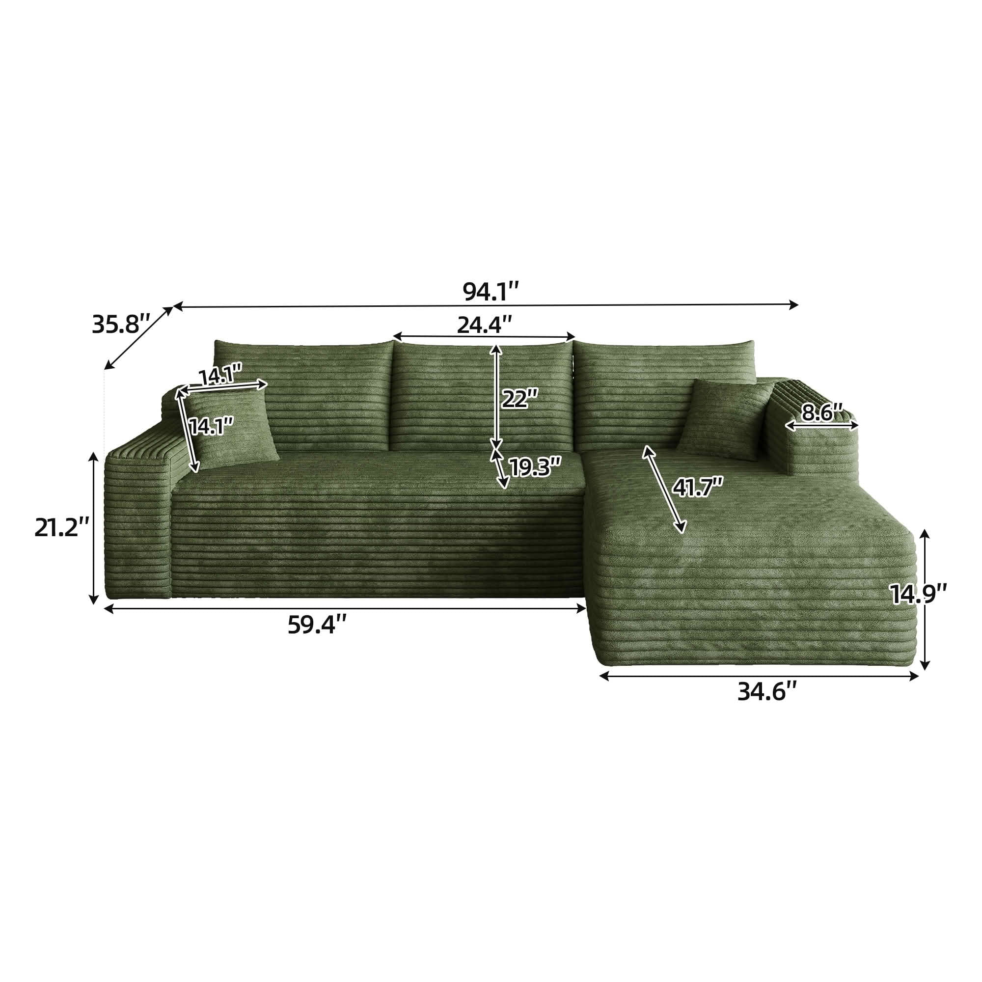 MAYEERTY 95" Cloud Sectional Sofa, U-Shaped Corduroy Upholstered Deep Seat Couch, No Assembly for Living Room, Green