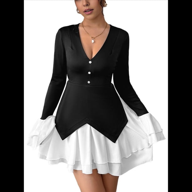 Minivestidos de Mujer con Escote en V, Larga, Holgados, Cintura Alta, Ajustados, Corte A, para Cóctel o Invitada de Boda Negro L