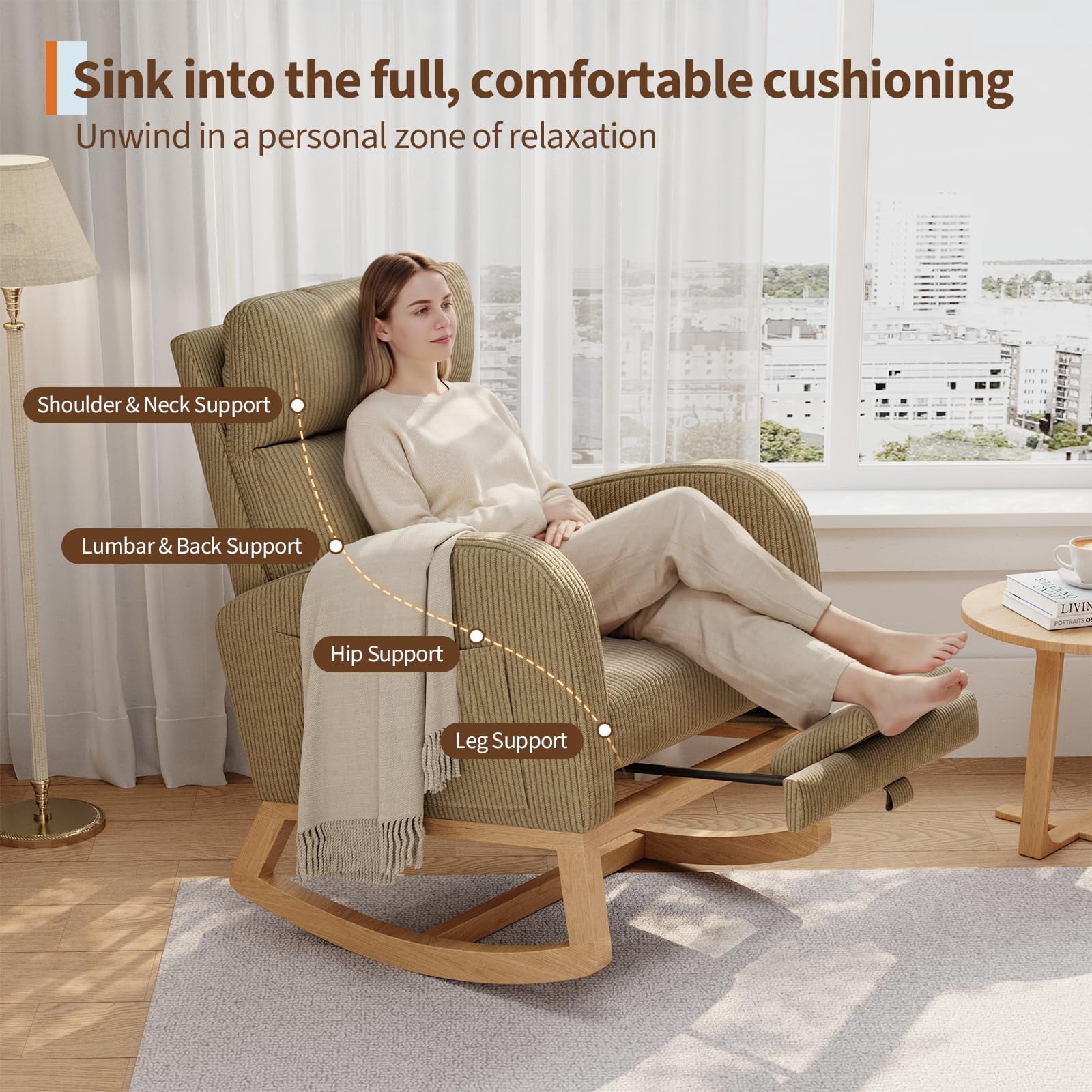 Modern Corduroy Glider Rocker Chair, Full-Body Support, Side Pockets & Lumbar Cushion – Ideal for Living Room, Nursery or Reading Corner