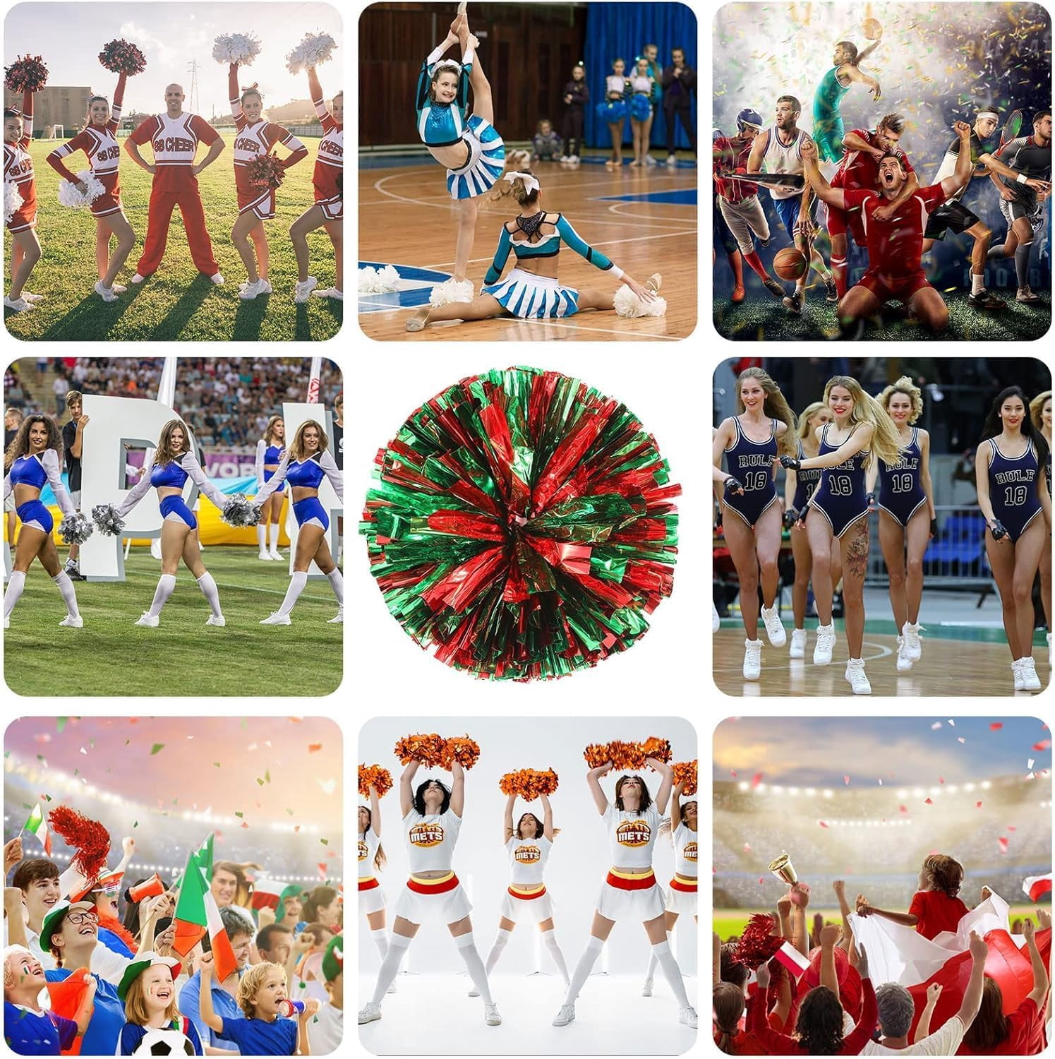 EONQY 8 Pcs Cheerleading Pom Poms Cheerleader Squad Spirited Fun Pompoms 10 Inch Metallic Foil Cheer Pom Poms with Handle Flowers for Sport Team Dance Party