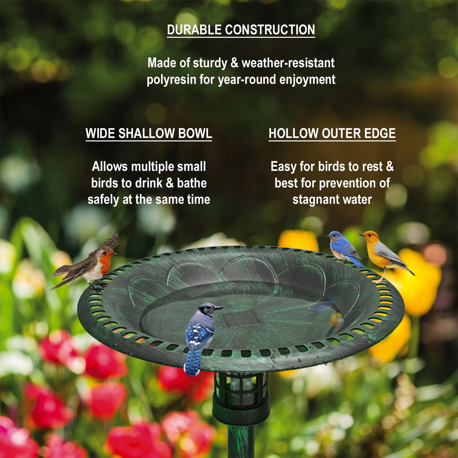 Westcharm 34 Inch Solar Powered LED Lighted Birdbath Poly Resin Bird Bath for Outdoors Yard Outside Outdoor Garden Decoration Pedestal Base Stand - Verdigris Green Solar Bird Bath