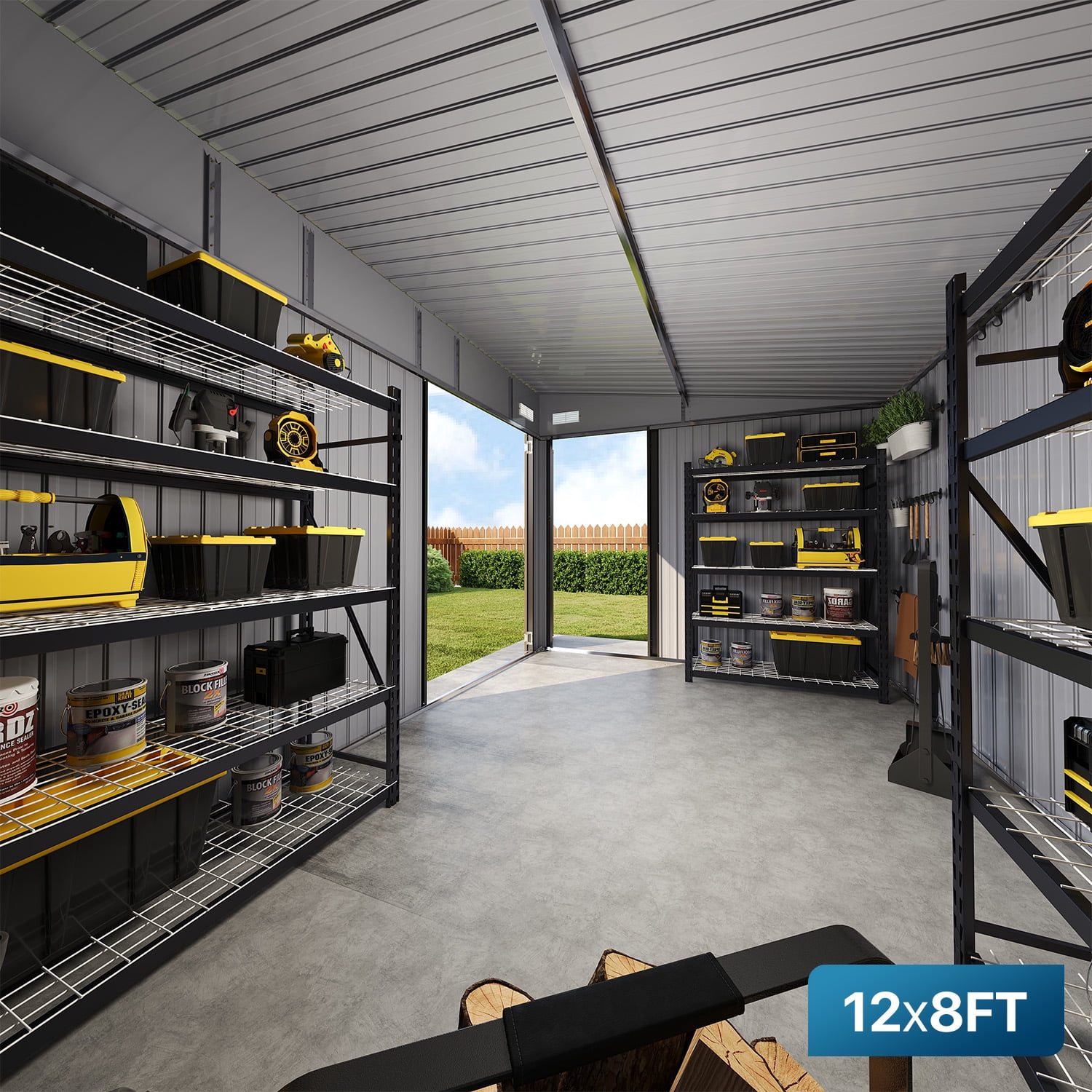 Sunmthink 12' x 8' Metal Storage Shed with Triple Doors, Lockable Lean-to Design & Vents, Brown