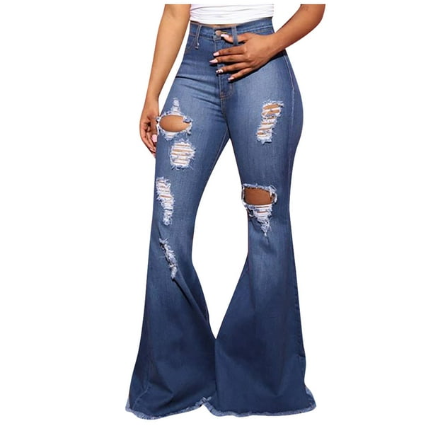 Retro Women Flared Jeans Stretch Bell Bottom Denim Pants Raw Hem Slit  Trousers