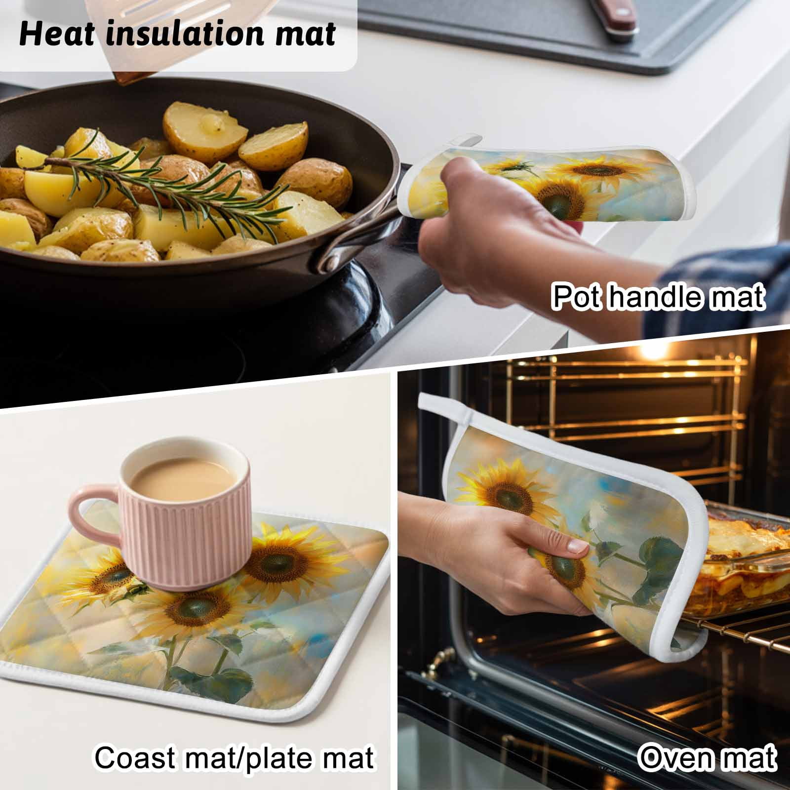 Sunflower Pot Holders for Kitchen Heatproof Potholder, 3 Pack Watercolor Yellow Floral Botanical Hot Pads Multipurpose Oven Pads Cloth Potholders Trivet for Cooking Baking