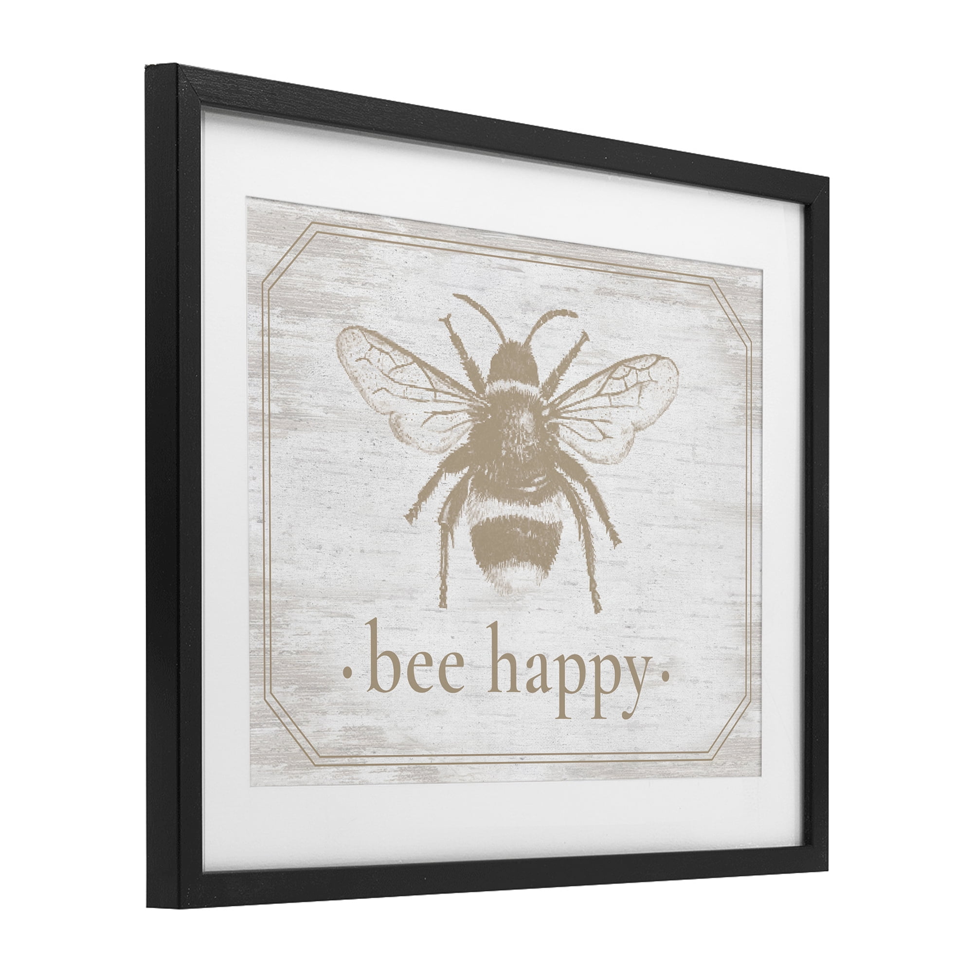 Bee Happy with Rustic Border Black Framed Print Under Glass, design by Lettered and Lined