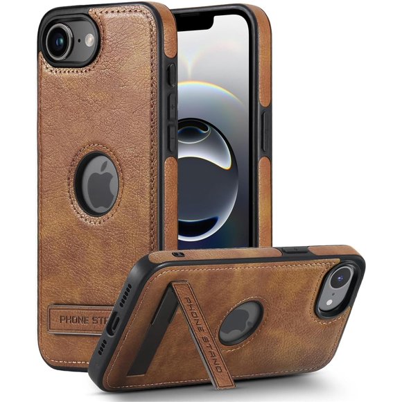 TEMOGU-Compatible with iPhone 16e Case with Stand, Metal Kickstand, Premium Leather TPU Hybrid Case Cover for iPhone 16e,Brown