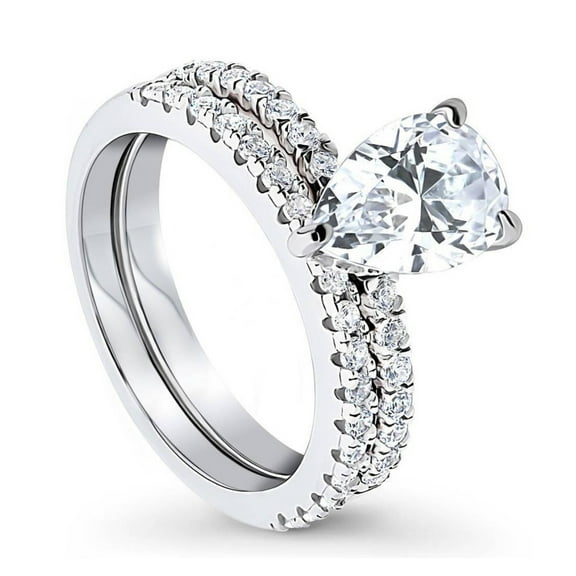 Guodhu Pear Shaped Cubic Zirconia Wedding Ring Sets for Women Teardrop Engagement Rings Silver Plated Stackable Rings for Women