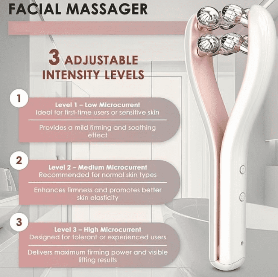 Micro current facial massager with 3D roller, 3 intensity levels, USB-C rechargeable, facial and neck lifting and toning tools, gentle shaping and skincare absorption