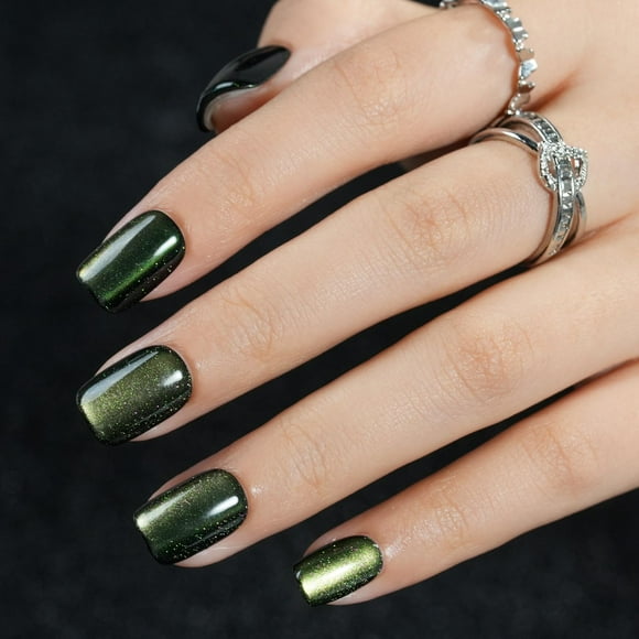 Pantalones cortos Jofay Fashion Cat Eye de Press on Nails, color verde oliva, 32 unidades