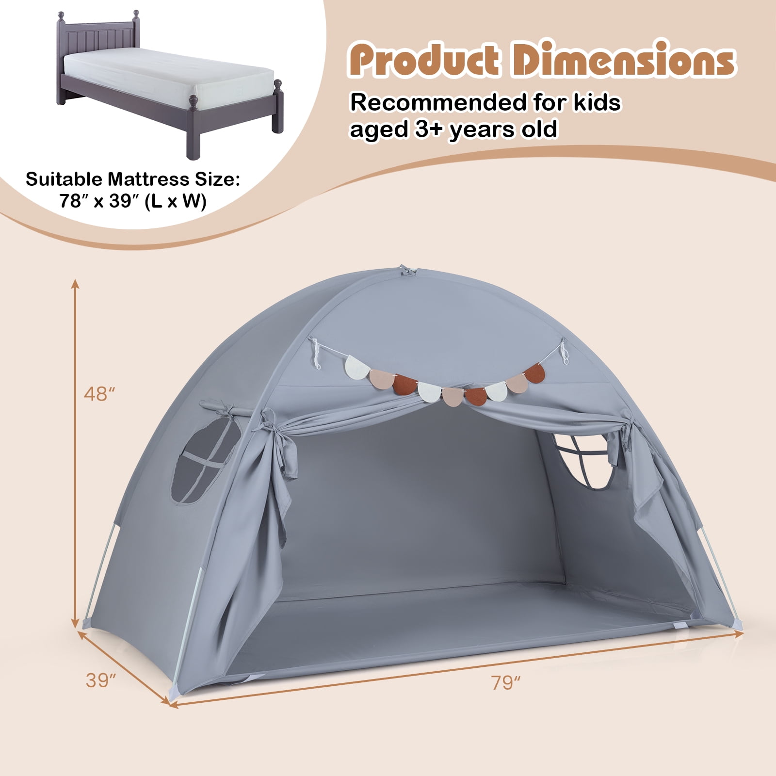 Gymax Twin Full Size Bed Tent w/2 Windows Flags for Boys & Girls Aged 3+ Years Old Grey