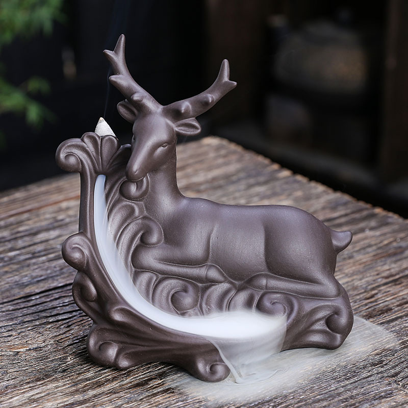 Creative Deer Backflow Incense Burner Purple Clay Waterfall Reflux Incense Holder Aromatherapy Handicraft for Home Decoration