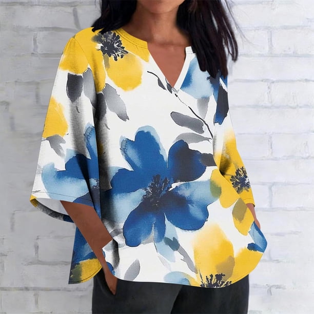 Xuyuer Women's 3/4 Length Sleeve Tops V Neck Casual Vacation Loose Fit S-5XL Ruffle Cuffs Shirts Dressy Flowy Tunic Tops Hawaiian Shirts Summer Floral Printed Shirt Casual Soft Tunic Tops