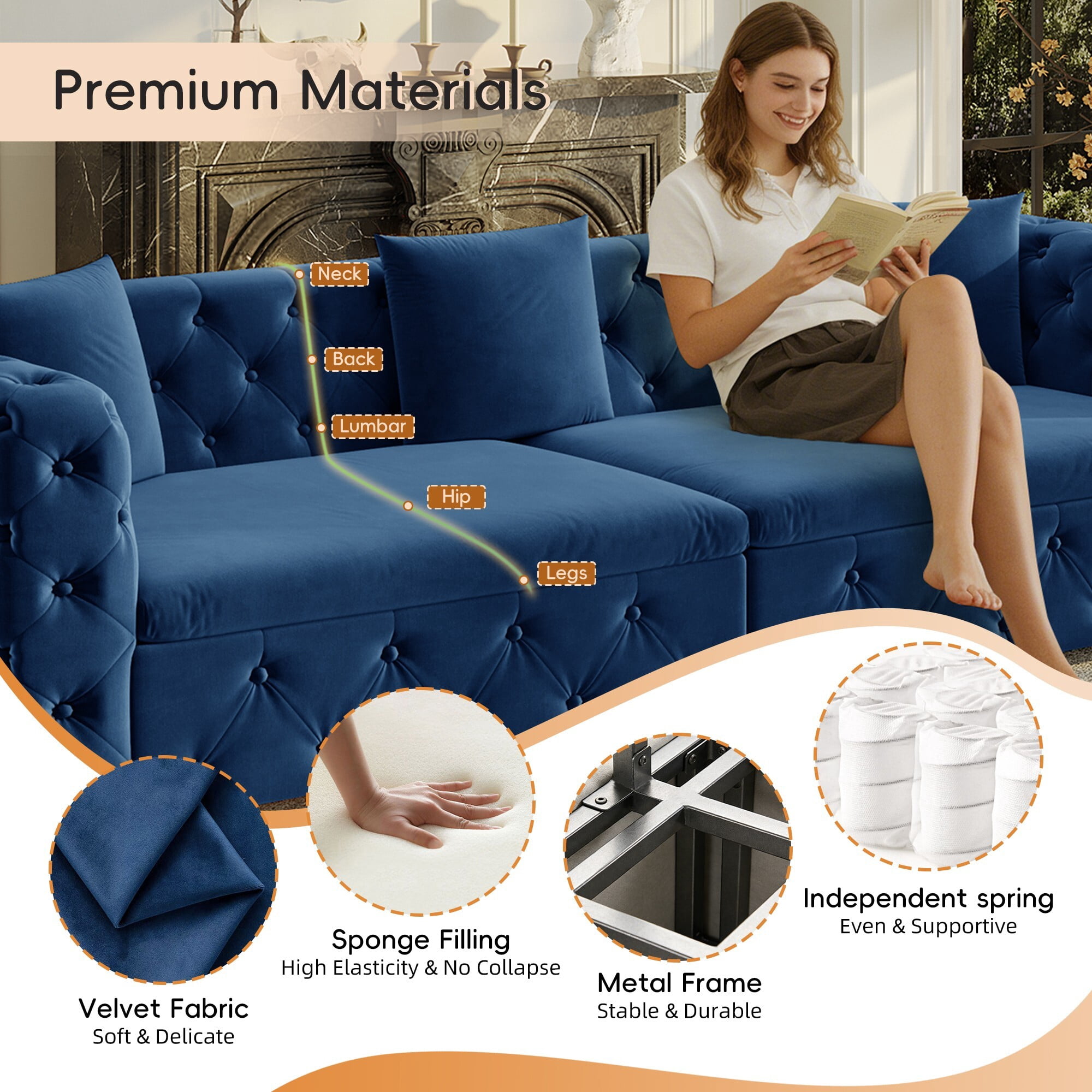 DEALTOPS 89 Inch Chesterfield Tufted Velvet 3 in 1 Pull Out Sofa Bed, 4 Seater Tuxedo Living Room Couch, Blue