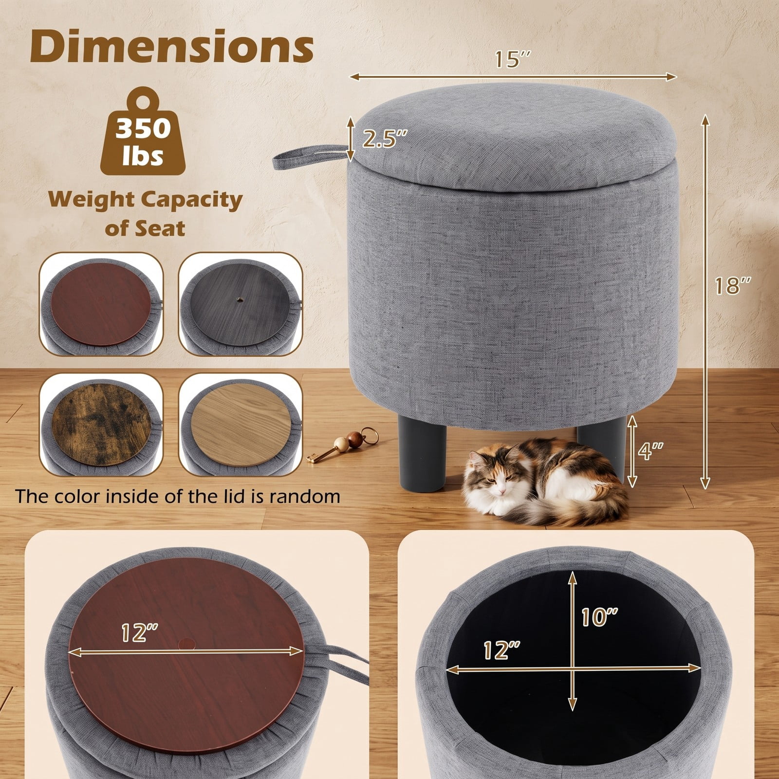 Furnibear Round Storage Ottoman, Linen Fabric Upholstered Footrest Stool with Reversible Lid, Padded Storage Bench Vanity Seat Side Table for Living Room Bedroom, Gray