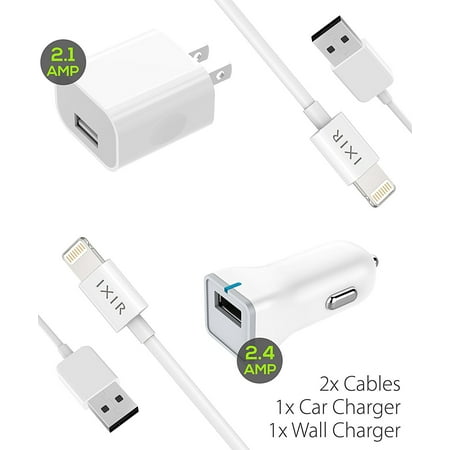 Ixir iPhone 8 Plus Charger Apple Lightning Cable Kit by Ixir - {Wall Charger + Car Charger + 2 Cable}, Apple Certified USB Cables