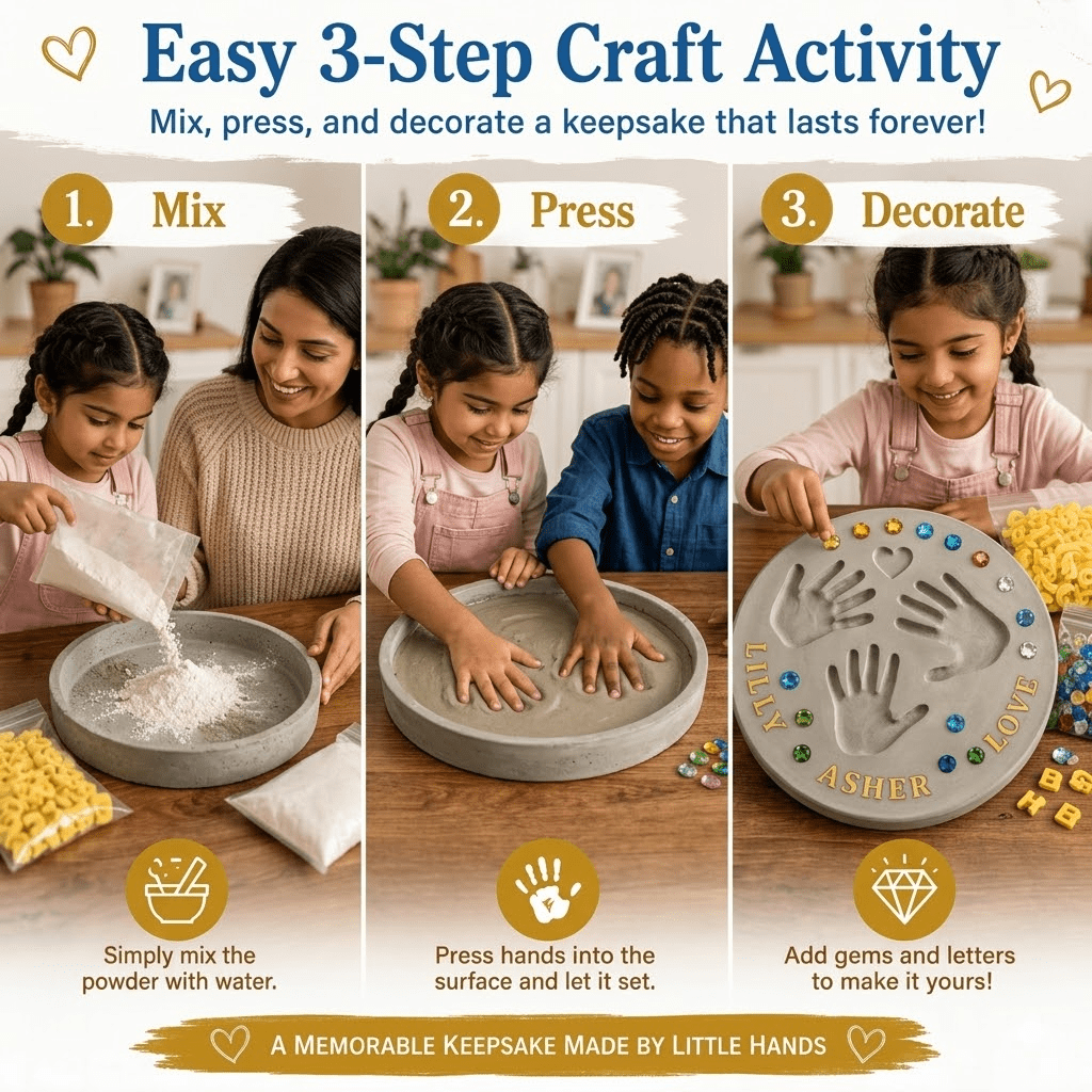 DIY Stepping Stone Kit for Kids - Personalized Handprint, Footprint & Pet Paw Keepsake Maker - All-in-One Cement Craft Mold Set with Gems for Garden Decor, Family Activities & Gifts
