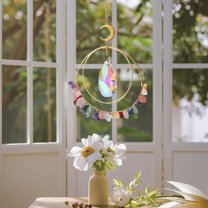 Clearance! Top Glass Double Rings Moon for Car Chandelier Garden Window Hanging Ornament Rainbow Maker Colorful Home Decor Housewarming Gifts 1X Crystal Pendant
