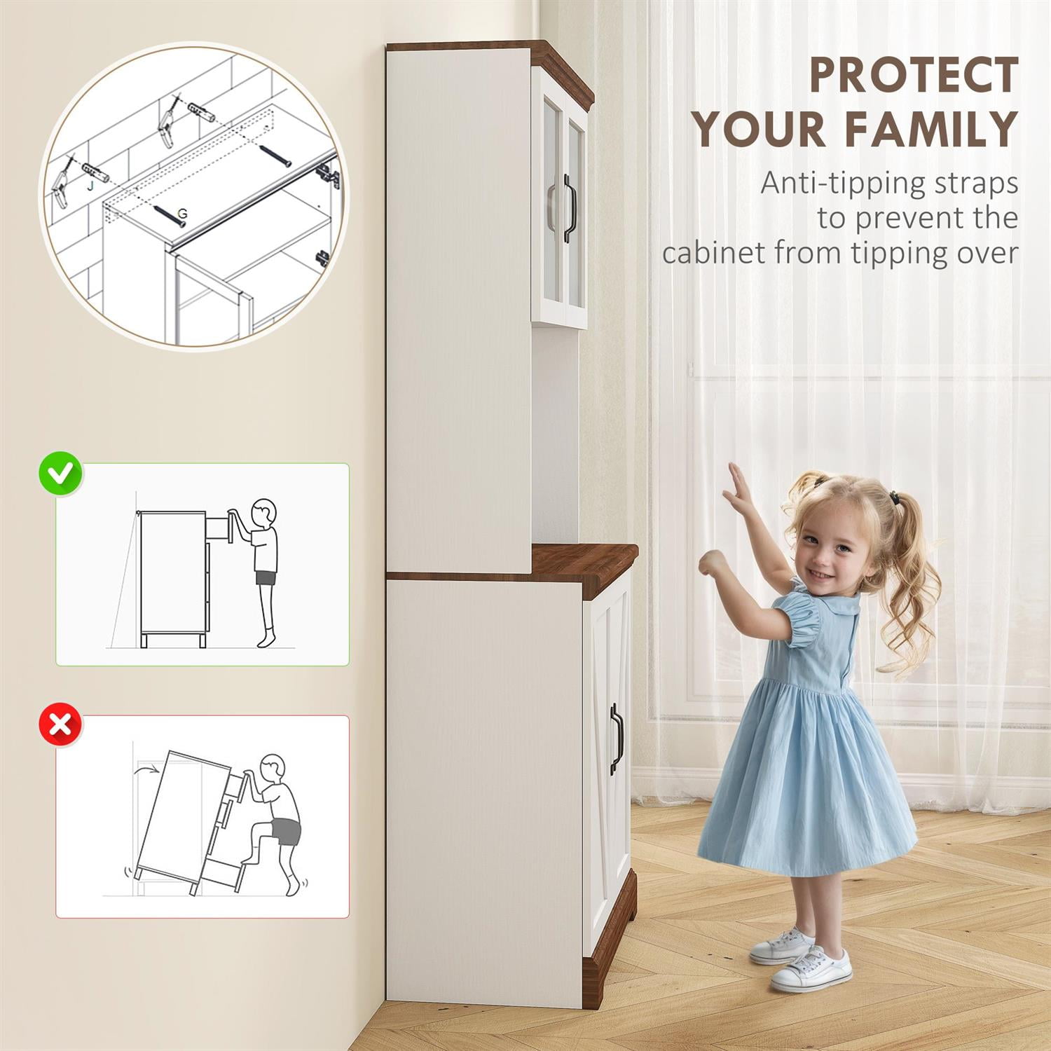 Demi Bonn 70" Farmhouse Pantry Cabinet with Glass Doors and Adjustable Shelves, Kitchen Storage Hutch, Open Countertop for Microwave, White