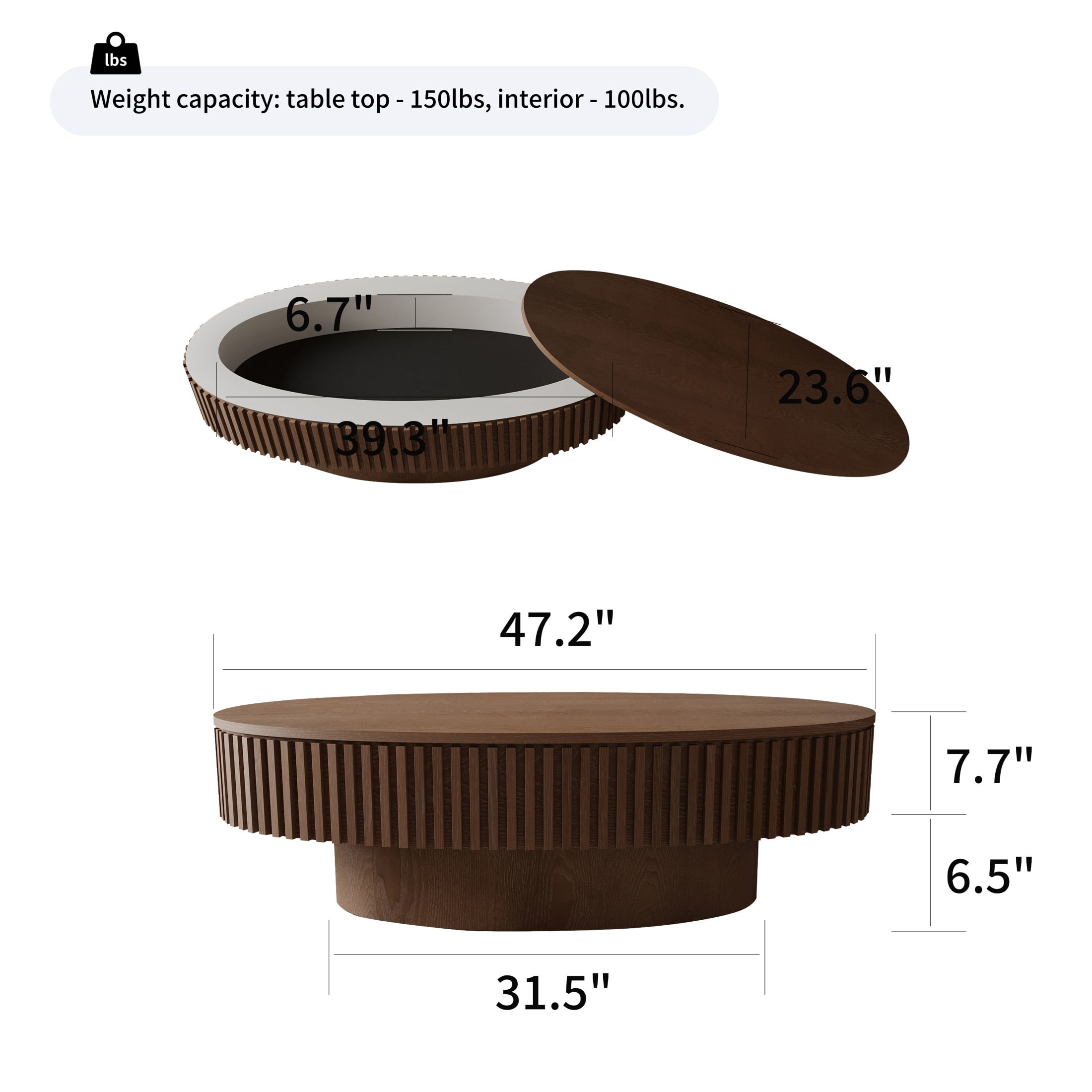 47.2'' Oval Coffee Table with Removable Lid & Hidden Storage, Solid Wood Veneered End Table, Fluted Accent Cocktail Table