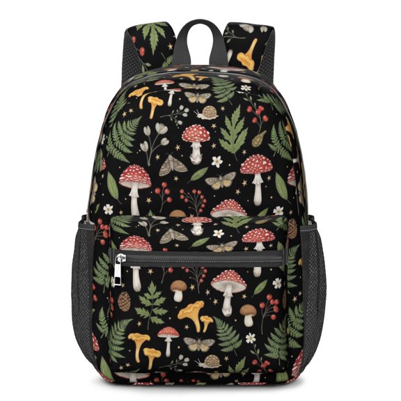 Mushroom and Moth Black Pattern 17" School Backpacks for Teens,Waterproof Oxford Fabric,S-Shape Padded Straps for School,Travel,Hiking,Camping