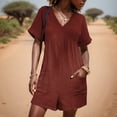 thumbnail image 2 of GILIGEGE Linen Overalls for Women Womens Summer Cute Short Overalls Loose Fit Short Sleeve Casual Rompers Jumpsuits Shorts Fashion Women's Solid V Neck Pocket Zippered Short Sleeve Jumpsuit Brown M, 2 of 5