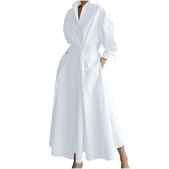 cfhntfmh Women's Casual Dresses Long Sleeve Collared V Neck Long Maxi Dress with Pockets Lounge Formal A-Line Dress