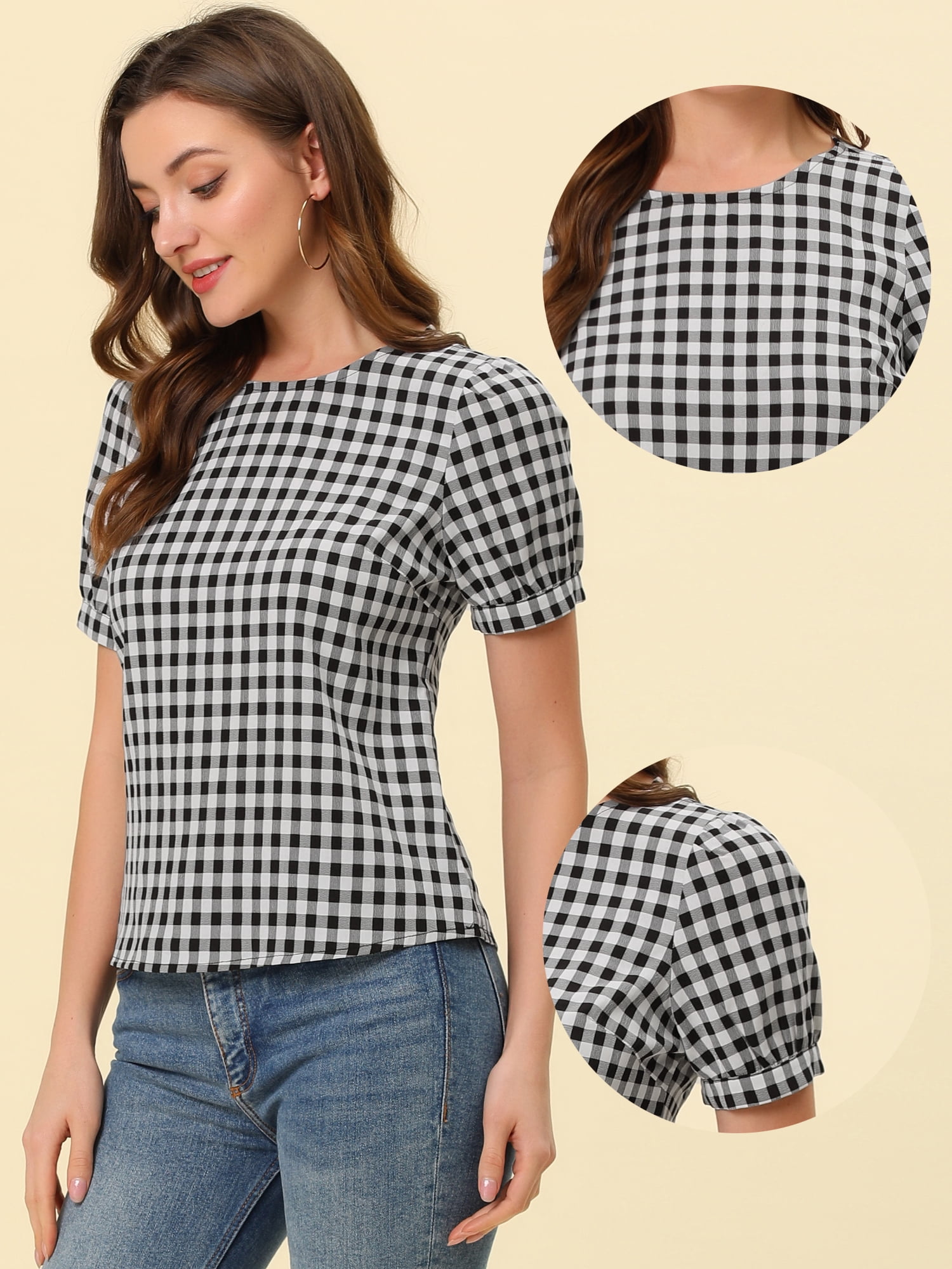 DARING DIVA Women's Gingham Crew Neck Puff Short Sleeve Blouses 2XL Black