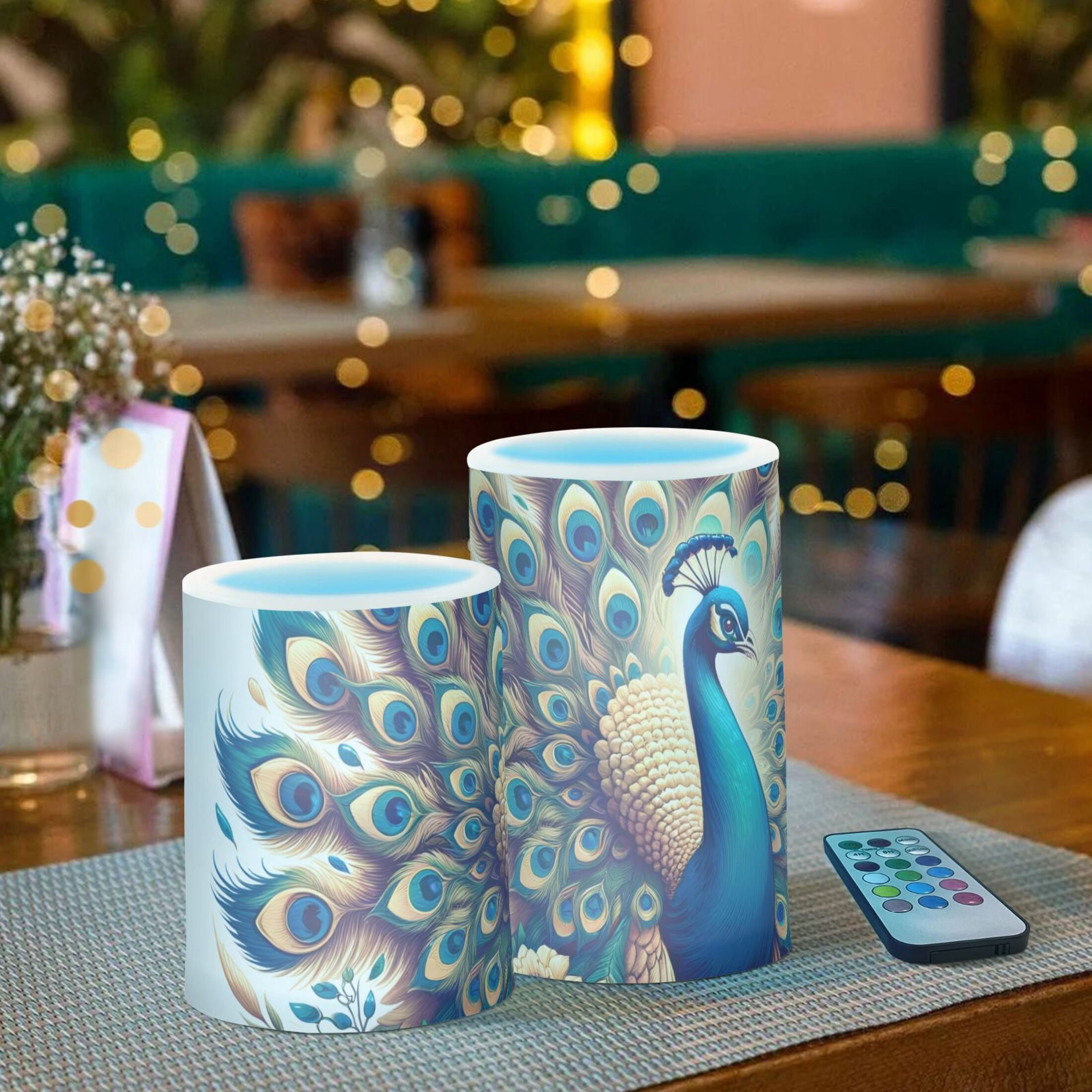 A Peacock Flameless Candles&nbsp;LED Lights Battery Operated Candles with Remote and Timers Flicker Lights Votive Set of 2