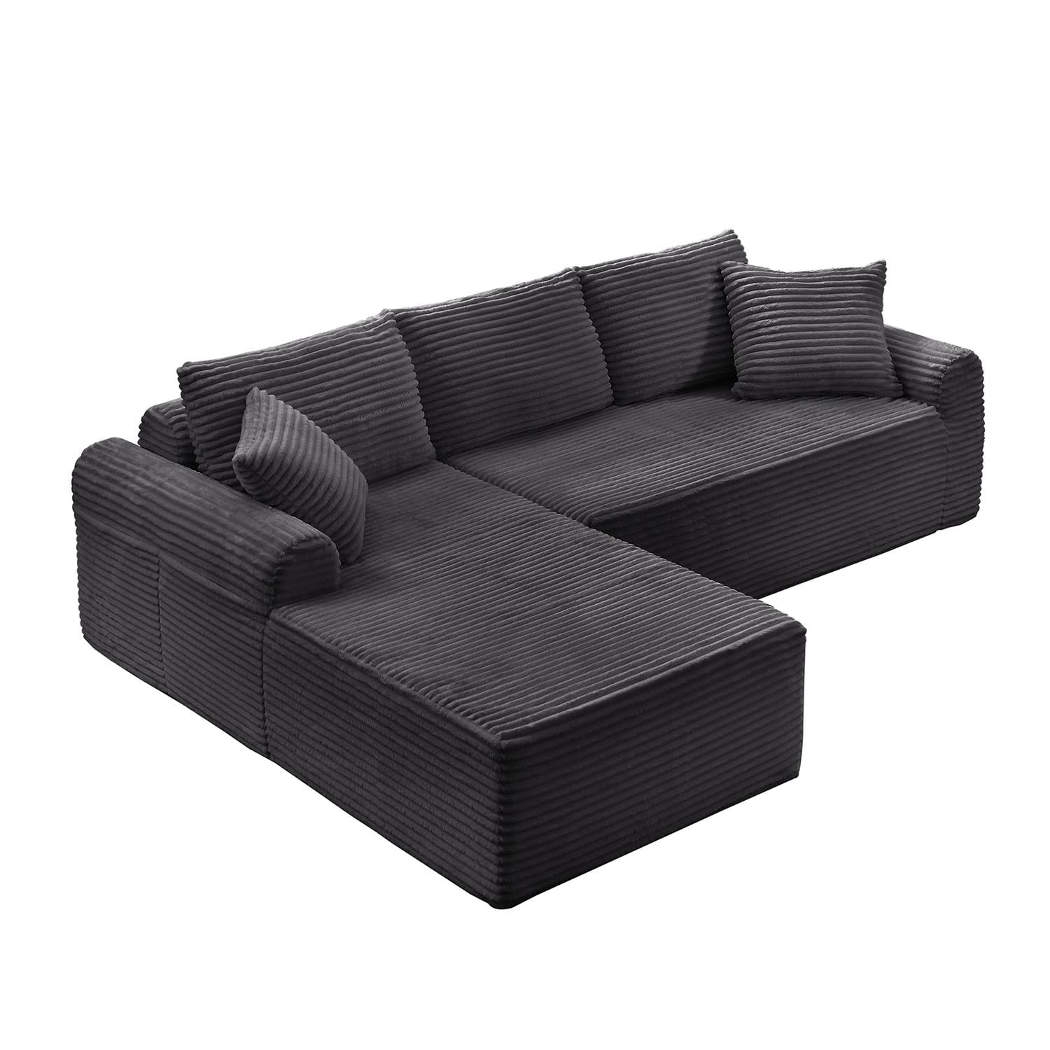 Demi Bonn 103" Cozy Corduroy Sectional Sofa with Arched Armrests, Non-Slip Base, 3 Back Cushions and 2 Throw Pillows, Full-Compression Chaise Lounge Couch Set, Gray