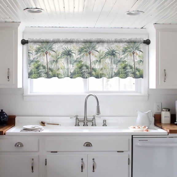 Summer Tropical Leaves Valance Curtains for Kitchen/Living Room/Bathroom/Bedroom Window, Green Botanical Palm Trees Rod Pocket Small Topper Half Short Window Curtains Voile Sheer Scarf 42"x18"