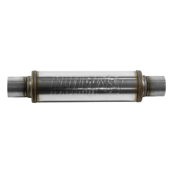 Flowmaster Exhaust Muffler 71416 FlowFX; Stainless Steel Round Case; Single 2-1/2 Inch Center Inlet; Single 2-1/2 Inch Center Outlet; 14 Inch Body/20 Inch Overall Length