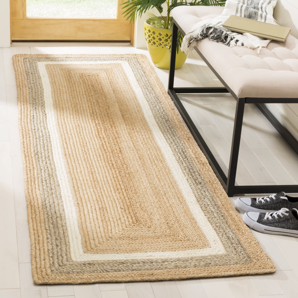 SAFAVIEH Natural Fiber Darrin Geometric Braided Jute Rug, Natural/Grey/Ivory, 6' Square