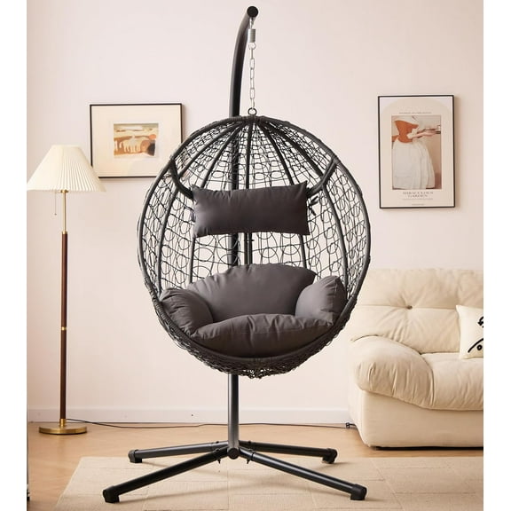 Indoor/Outdoor Hanging Chair/Hammock Chair with Stand, Hanging Swing Egg Chair with Removable & Washable Grey Cushions for Bedroom Living-Room Balcony or Patio