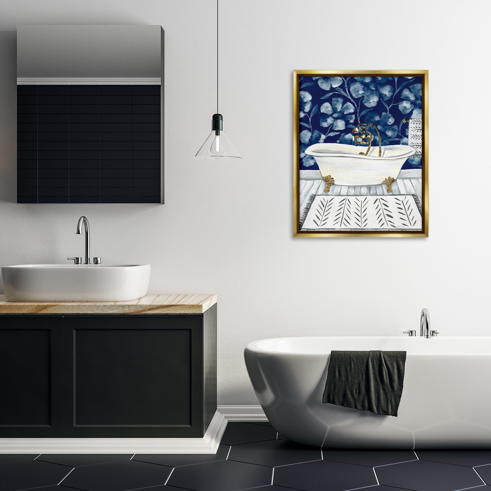 Stupell Industries Bold Blue Bathtub Typography Painting Gold Floater Framed Canvas Art Print Wall Art, 25 x 31