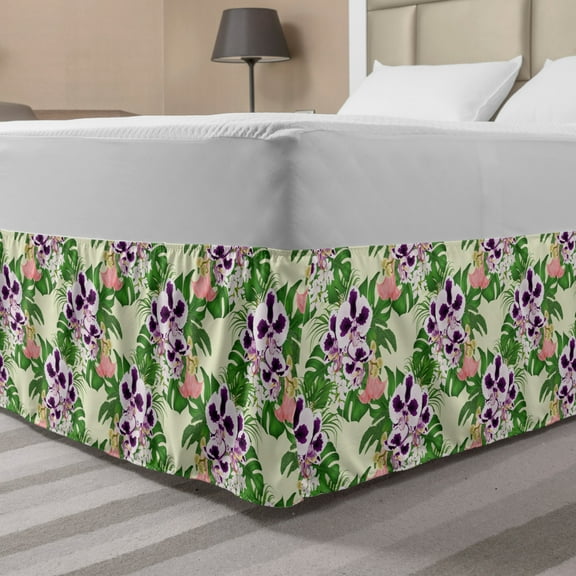 Philodendron Bed Skirt, Tropical Leaves with Exotic Floral Arrangement Repetition, Elastic Bedskirt Dust Ruffle Wrap Around for Bedding Decor, 4 Sizes, Pale Yellow Multicolor, by Ambesonne