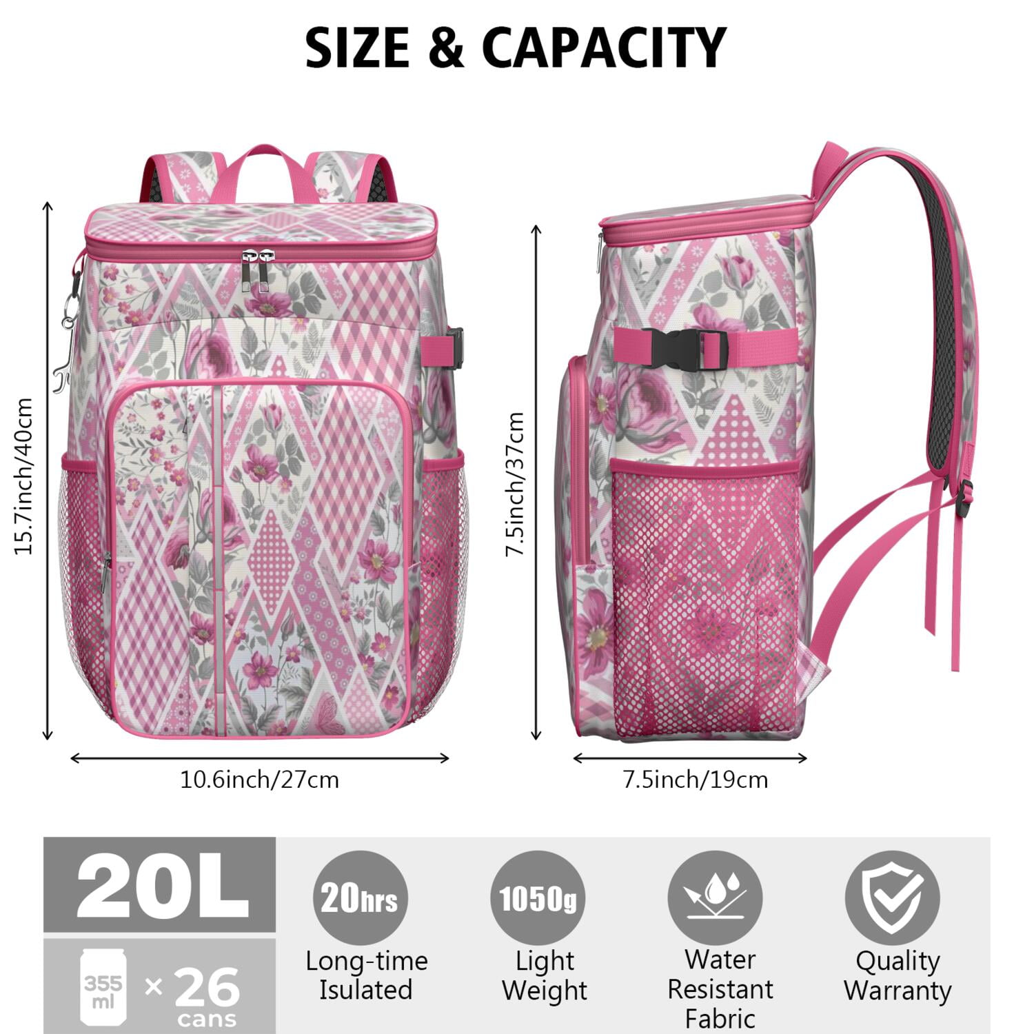 Travel Cooler Bag - Pioneer Flower Floral Print Pattern Camping Beer Cooler Backpack with Bottle Opener- Waterproof Insulated Picnic Backpacks - Cooler Bag for Beach