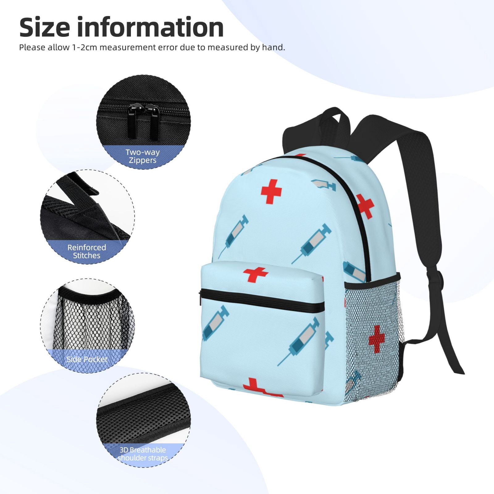 Fuzoiu Syringe And Red Cross Print School Backpack for Teens,Large Bookbag,Lightweight Laptop Bag for Travel, Work, School & Outdoor Adventures