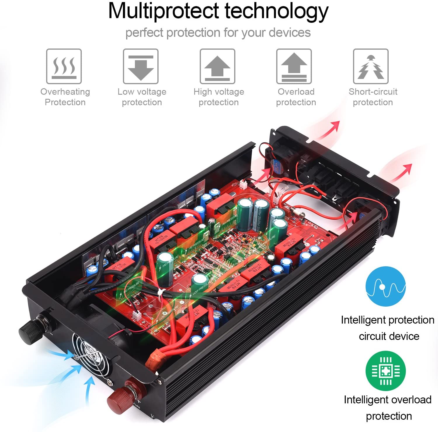 Power Inverter 3000W Modified Sine Wave Inverter 3000 Watt 12 Volt DC to 110 Volt AC Converter with Three Intelligent Temperature Control Fans