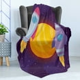 thumbnail image 4 of Universe Soft Flannel Fleece Blanket, Cartoon Illustration of Rocket Spaceship Around a Planet Galactic Theme, Cozy Plush for Indoor and Outdoor Use, 50" x 60", Purple and Multicolor, by Ambesonne, 4 of 5